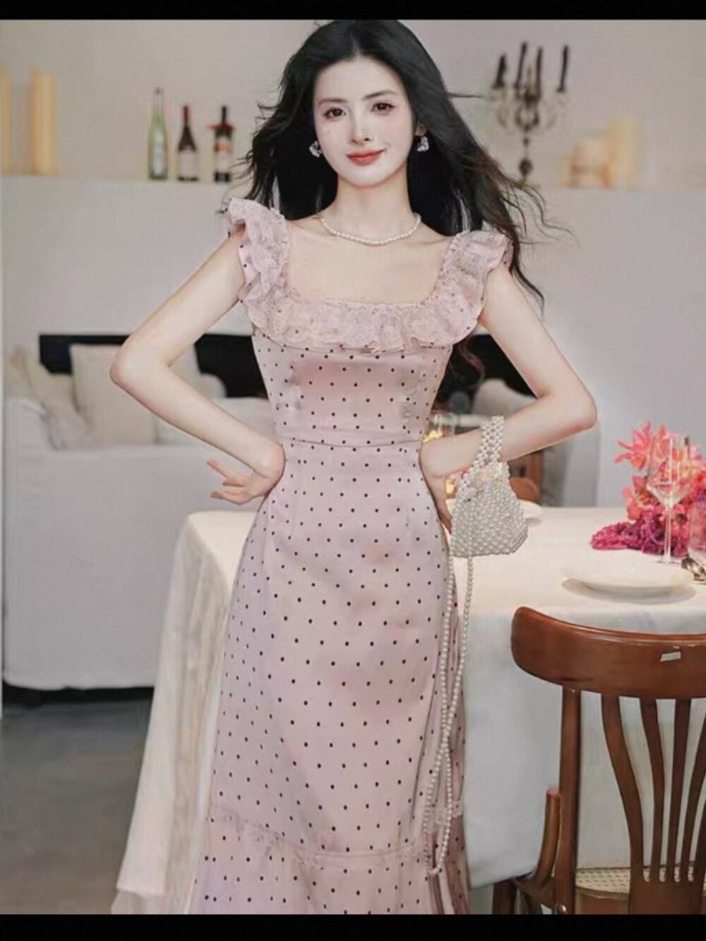 Pink Polka Dot Midi Dress Lace Ruffle Off-Shoulder Neckline